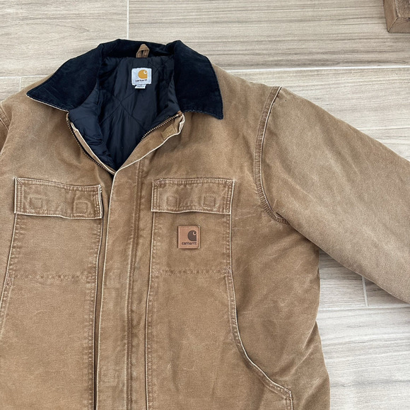 Carhartt Jacket Mens XL Beige Duck Canvas Corduroy Collar Faded C26 211 Work - Picture 3 of 10
